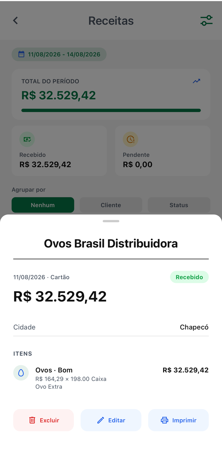 Detalhe de uma venda no Avetech, com opção de editar, excluir e imprimir o recibo
