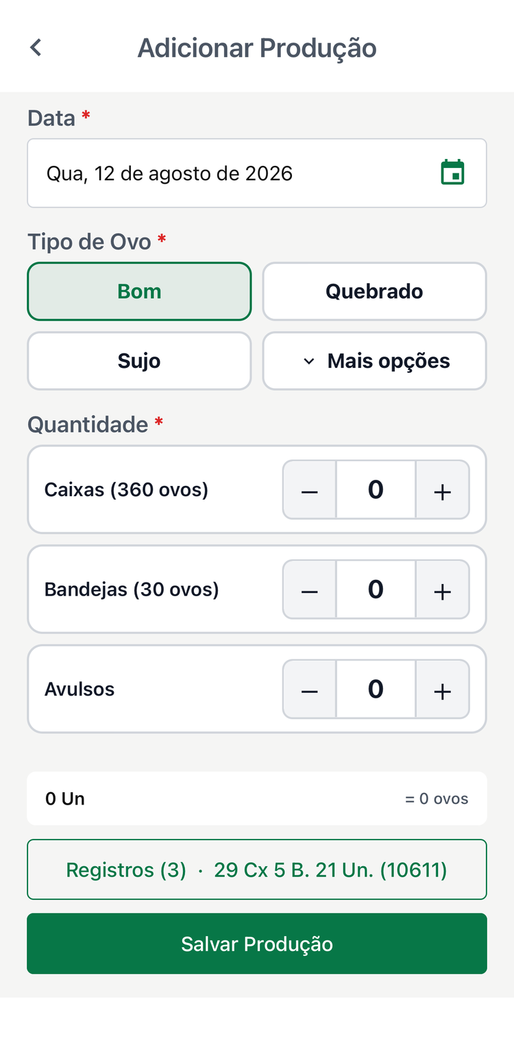 Registro de produção de ovos no app Avetech, por tipo e quantidade